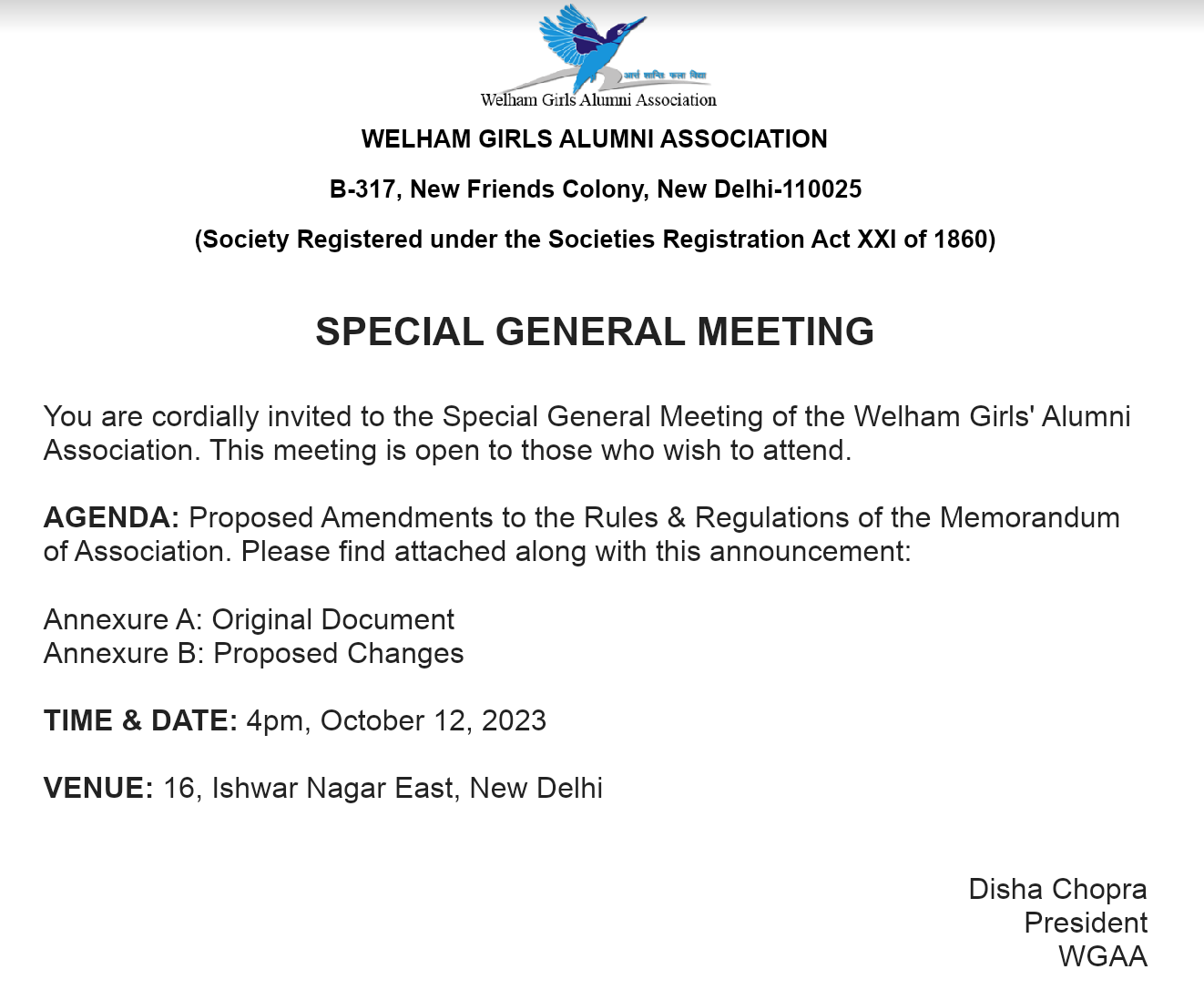 SPECIAL GENERAL MEETING - 12th October 2023